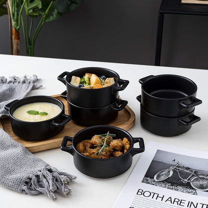 Ceramic Ramekin Set of 6 Serving Plates. 10 Oz Porcelain Baking Skillet for Souffle Dishes with Handles. Safe for Oven, Microwave, Dishwasher. Serving Dish, Matte Black